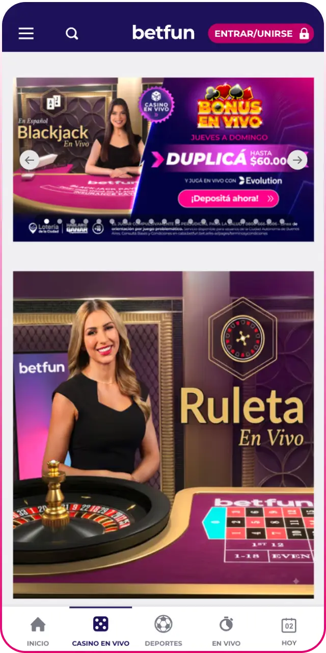 Explora la interfaz de casino en la app Betfun y juega tus títulos preferidos.