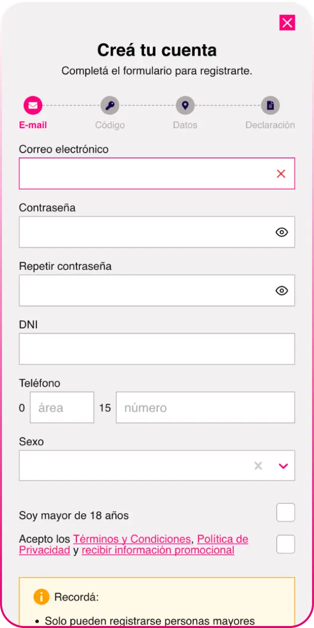 Observa la interfaz de registro en la app Betfun para crear tu cuenta rápidamente.