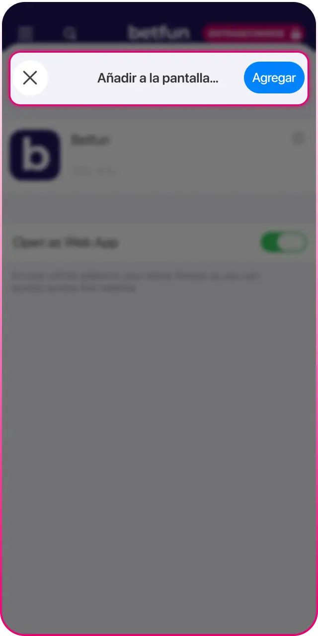 Confirmá la instalación para guardar el icono de la app Betfun en tu iPhone o iPad.