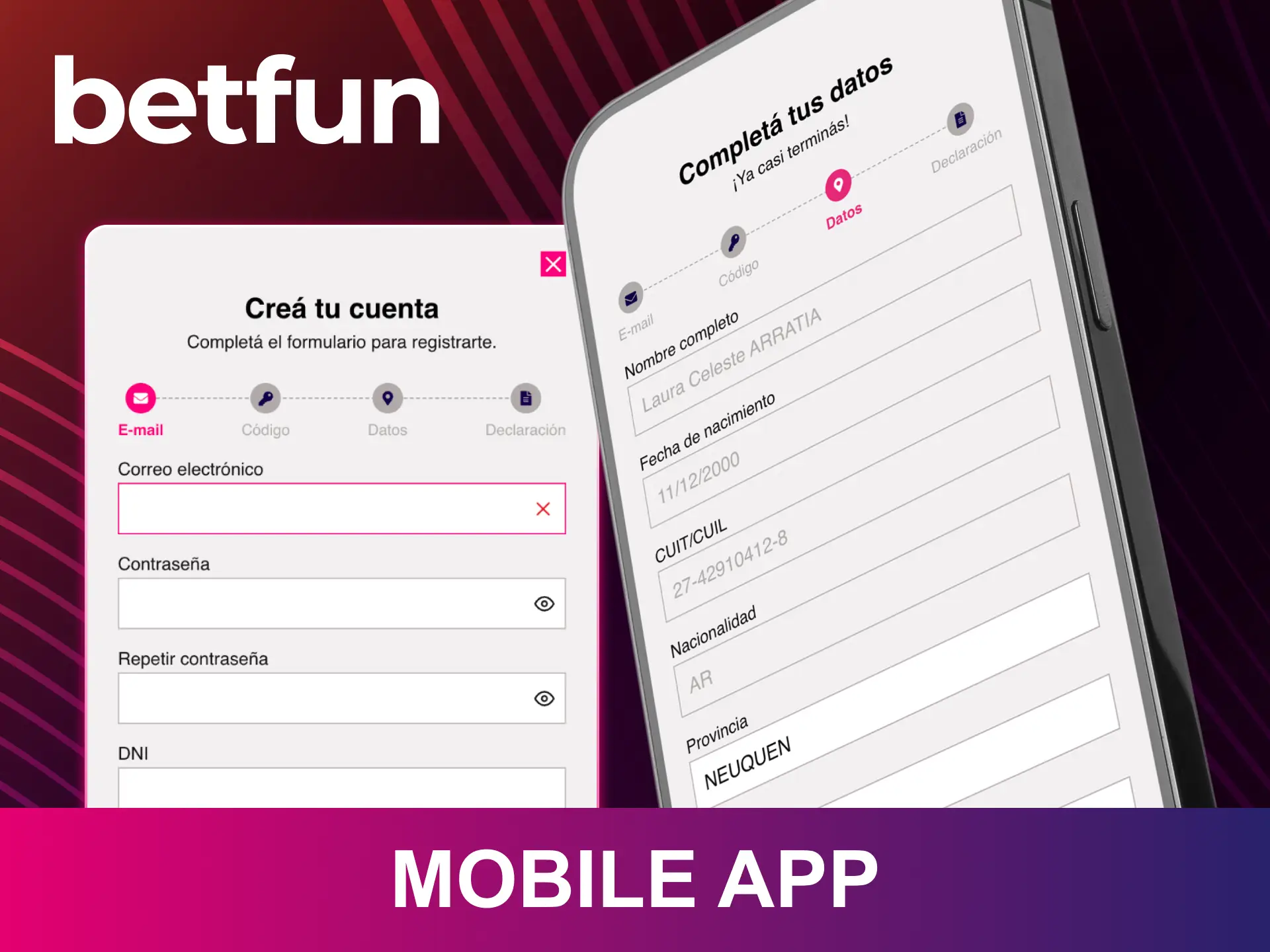 Completa un registro rápido desde la app de Betfun y empieza a apostar.