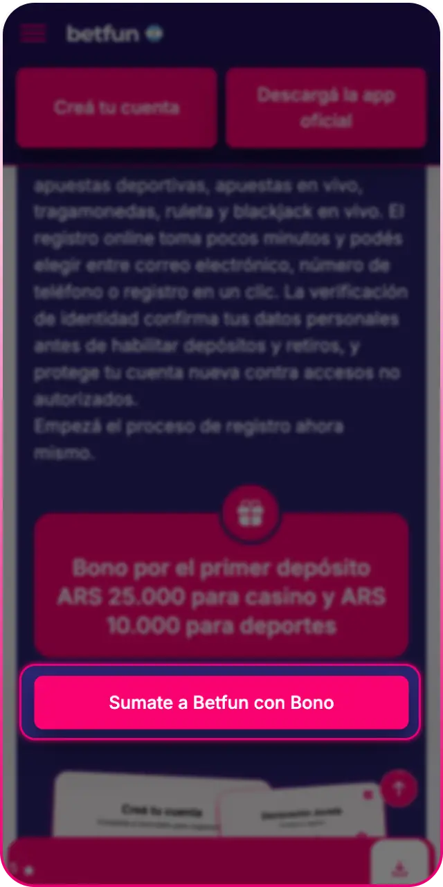 Hacé clic en el botón de registro para empezar a registrarte en Betfun.