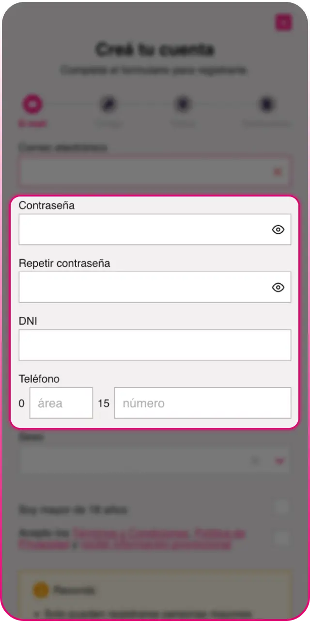 Completá tus datos personales para avanzar al registrarte en Betfun.