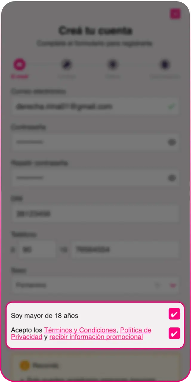 Aceptá los Términos y Condiciones obligatorios al registrarte en Betfun.